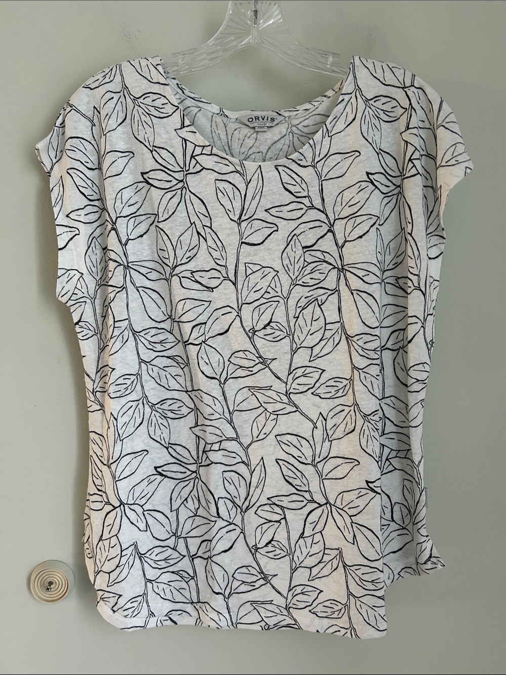 Orvis White Short-Sleeve Tee with Black Leaf Print